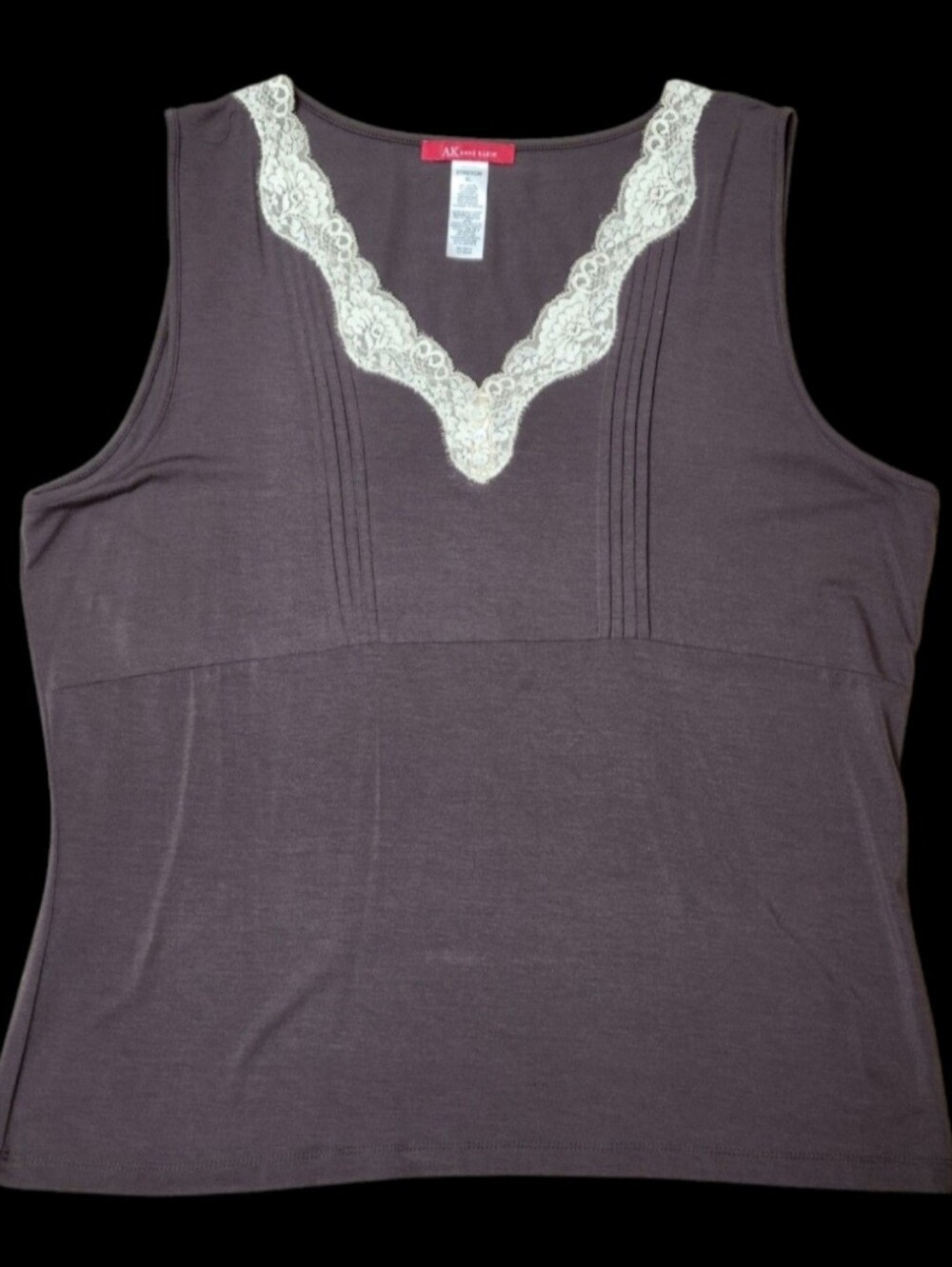 ANNE KLEIN Sleeveless Top with Lace Trim V Neck Cocoa & Cream XL